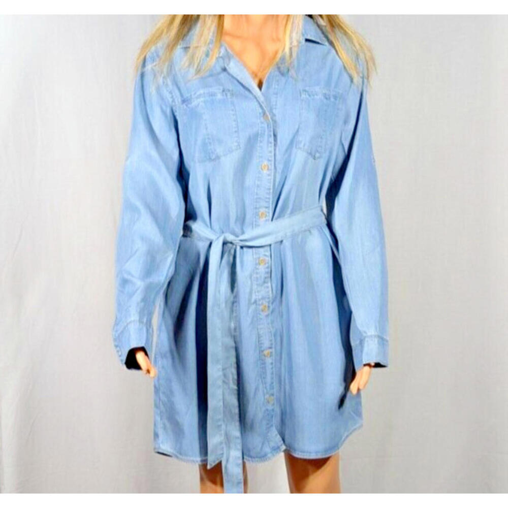 Soft Denim Button Down Dress Medium Blue Western Urban Cowgirl Rodeo Line Dance